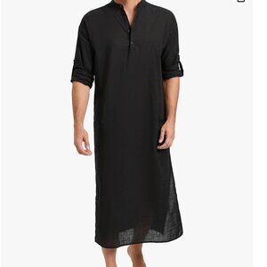 TURETRENDY Men's Kaftan Robe Long Sleeve Thobe Thwab Black Size Small